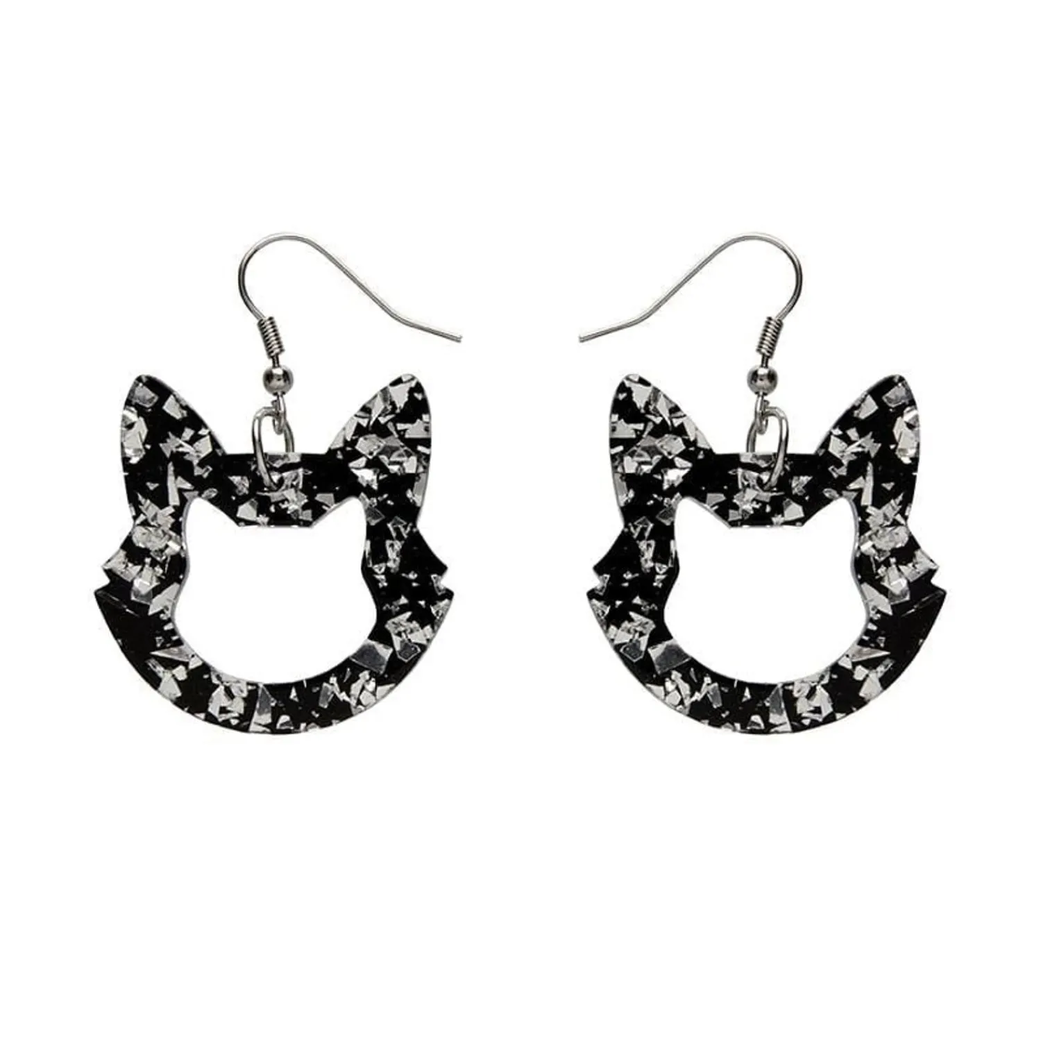 Cat Head Chunky Glitter Resin Drop Earrings - Silver^Erstwilder