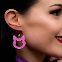 Cat Head Glitter Resin Drop Earrings - Pink^Erstwilder Sale